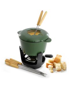 MegaChef Enameled Cast Iron Fondue Pot with 6 Serving Forks in Green